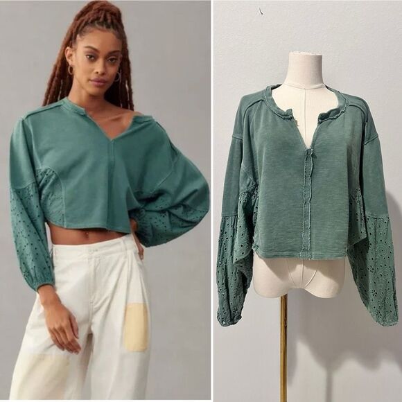 Anthropologie Tops - Pilcro Anthropologie Batwing Eyelet Sweatshirt Top Eyelet Embroidered L Boho